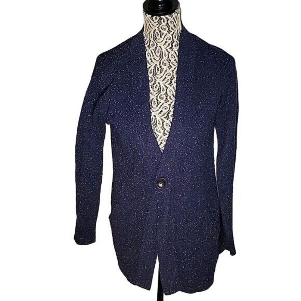 J Jill Navy Speckled Knit Cardigan Sweater Single Button Shawl Collar Size S